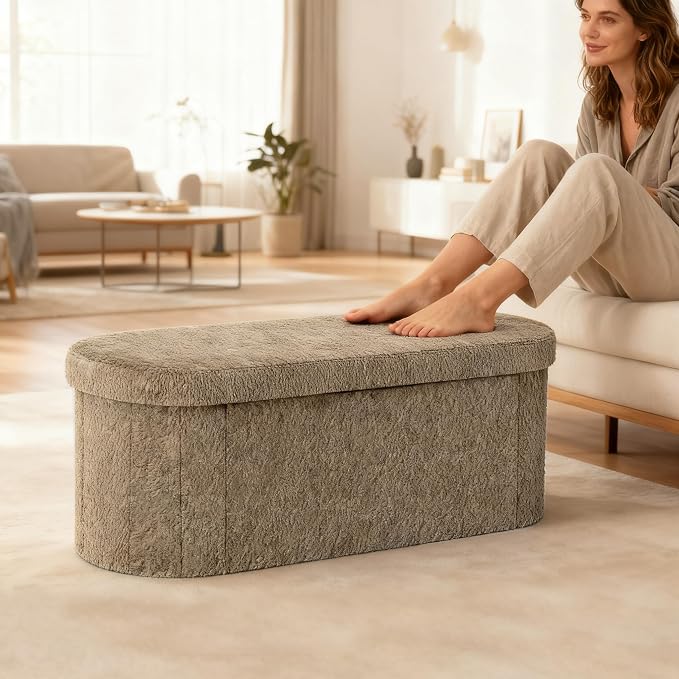 GLAXYFUR Oval Storage Ottoman Bench, Sherpa Foot Rest, 43 Inch Folding Chest for Living Room, Bedroom (Brown)