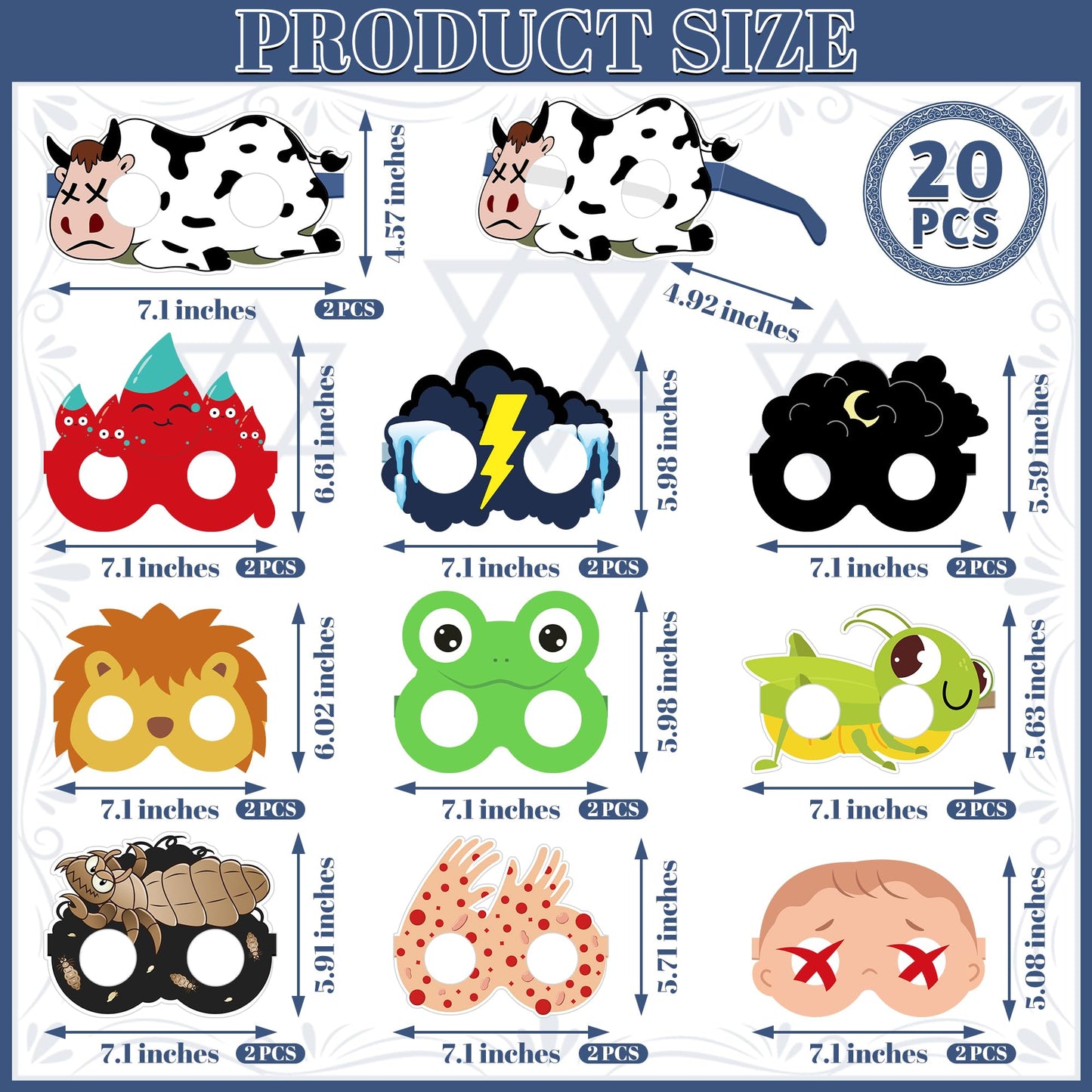 Melisheer 20 PCS Passover Decorations, Passover Paper Eyeglasses, Ten Plagues Props Set, Pesach Decorations Jewish Holiday Party Favors for Pesach Seder Supplies Costume Dress up Accessories