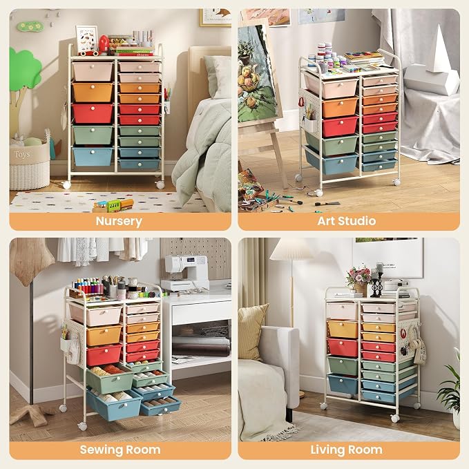 Giantex 15 Drawer Storage Cart, Rolling Craft Cart with Metal Tabletop & Pegboard, Mobile Utility Organizer Trolley with Locking Wheels, Home Office, Macaron Multicolor