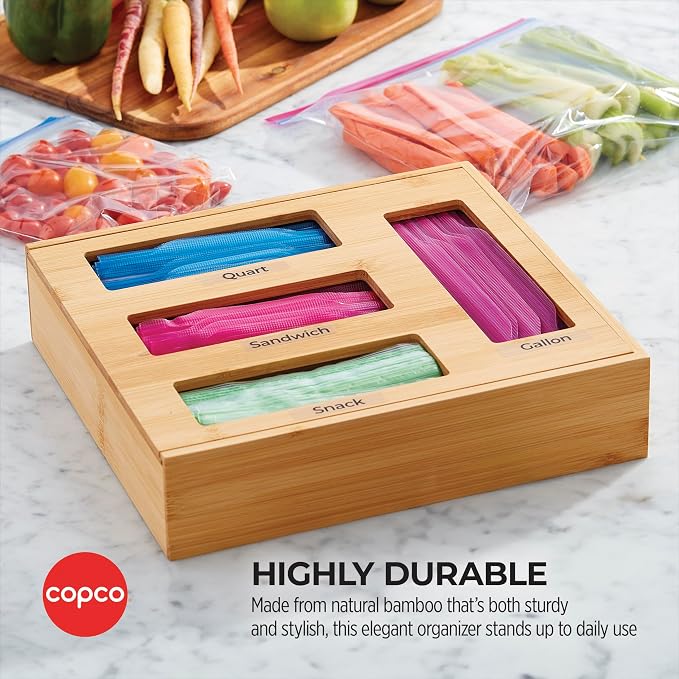 Copco Bamboo Storage Bag Organizer with Labels - 4-Compartment Kitchen Drawer or Wall Mount Holder for Gallon, Quart, Sandwich and Snack Bags, 13 x 12 x 3 Inches