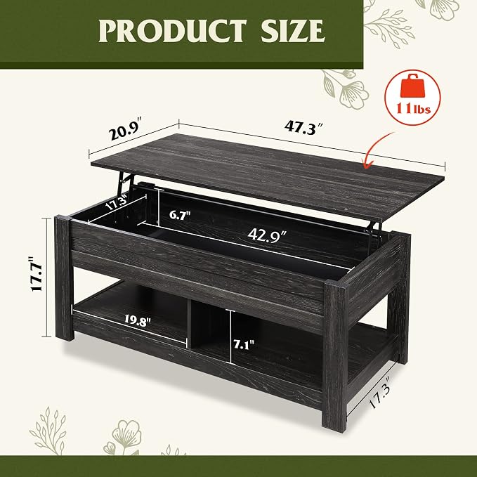 WLIVE Coffee Table, 47" Lift Top Coffee Table with Hidden Compartment and 2 Storage Shelves for Living Room, Black Oak