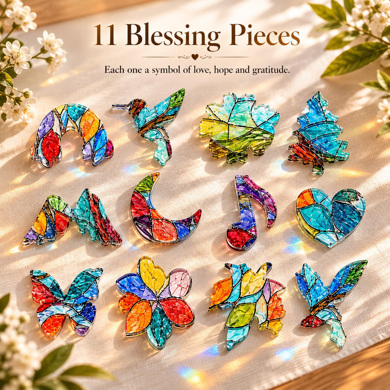 Stained Glass Tree of Life Suncatcher - Acrylic Jigsaw Puzzle Kit for Adults - Window Hanging Decor with 11 Unique Blessing Pieces - Rainbow Maker Memorial Gifts, Garden Art (9in)