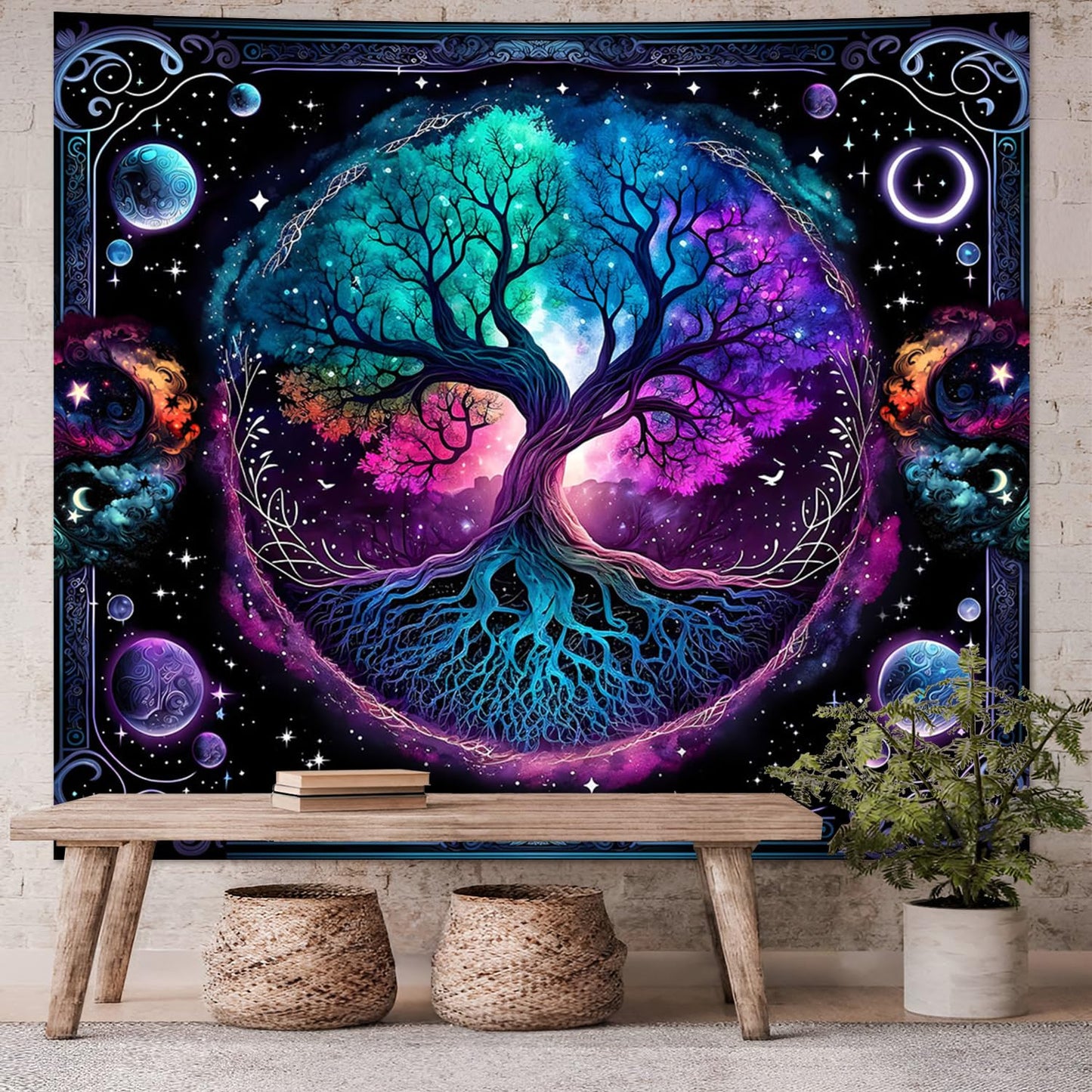 TVTLTVT Tree of Life Tapestry Sun Moon Stars Wall Hanging Boho Mandala Spiritual Wall Art Aesthetic Galaxy Wall Tapestry Nature Plant Decoration for Home Decor Bedroom Living Room Dorm Decor 59x51in