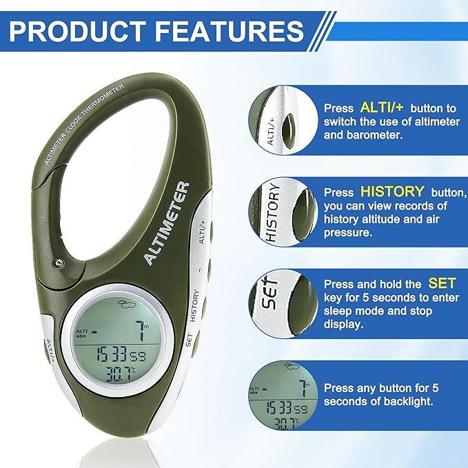 Digital Altimeter Portable Compass with Weather Forecast Multi Function Altimeter Barometer for Hiking, Camping, RVs and Outdoor Activities