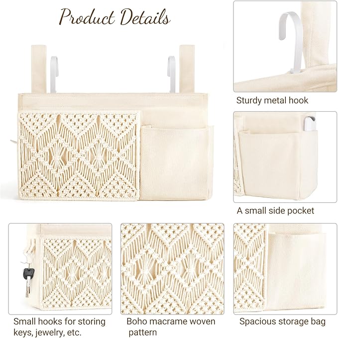 Mkono Bedside Caddy Hanging Organizer, Boho Macrame Storage with Fixed Straps and Hooks, 4 Pockets Holder Remote Magazine Accessories for Home Loft Bunk Bed, Dorm, Hospital Beds