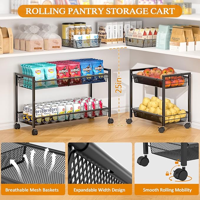 3IngSeagulls 2-Tier Expandable Rolling Pantry Floor Organizer, Stackable Pantry Storage Cart with Wheels, Kitchen Fruit and Vegetable Storage Rack for Onion, Potato, Food, Snacks