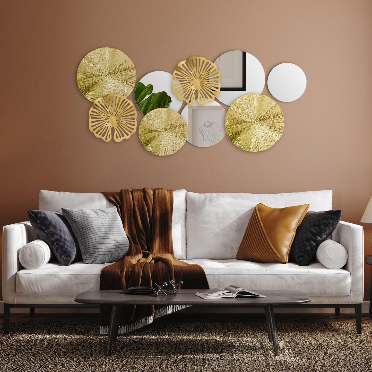 Hicarer 9 Pcs Circle Mirrors Metal Home Decor Wall Decorative Modern Round Accent Wall Art Sculpture Hanging Decorations for Living Room Office Bedroom Kitchen(Gold)
