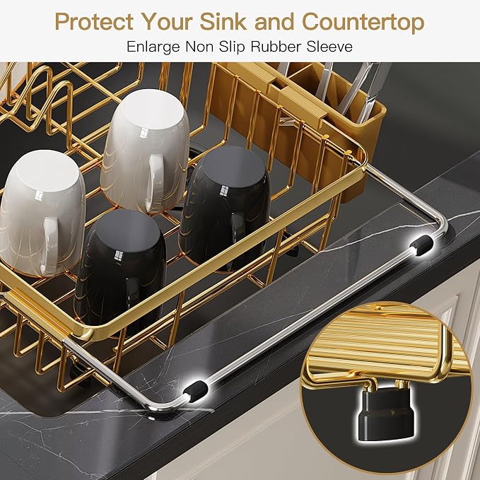 JASIWAY Gold Expandable Stainless Steel Dish Drying Rack Over The Sink for Small Kitchen, Counter Space Saving Compact Plate Drainer Strainer, Adjustable Hanging Metal Dish Dryer with Utensil Holder