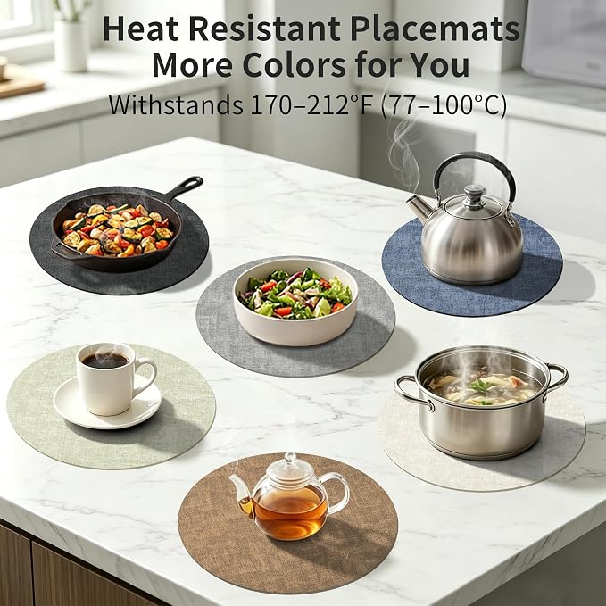 Maxpearl Round Placemats Set of 6, 13.8 inch Faux Leather Heat Resistant Table Mats, Non Slip Waterproof Wipeable Place Mats for Kitchen Dining Holiday Party Table Settings, Grey