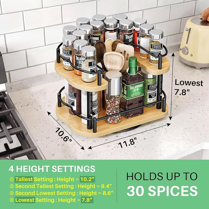 Lazy Susan Organizer Spice Rack - Spice Organization for Cabinet Height Adjustable Rotating Lazy Turntable, Pantry Kitchen Wood Revolving Seasoning Organizer (Natural, 12 Inch)