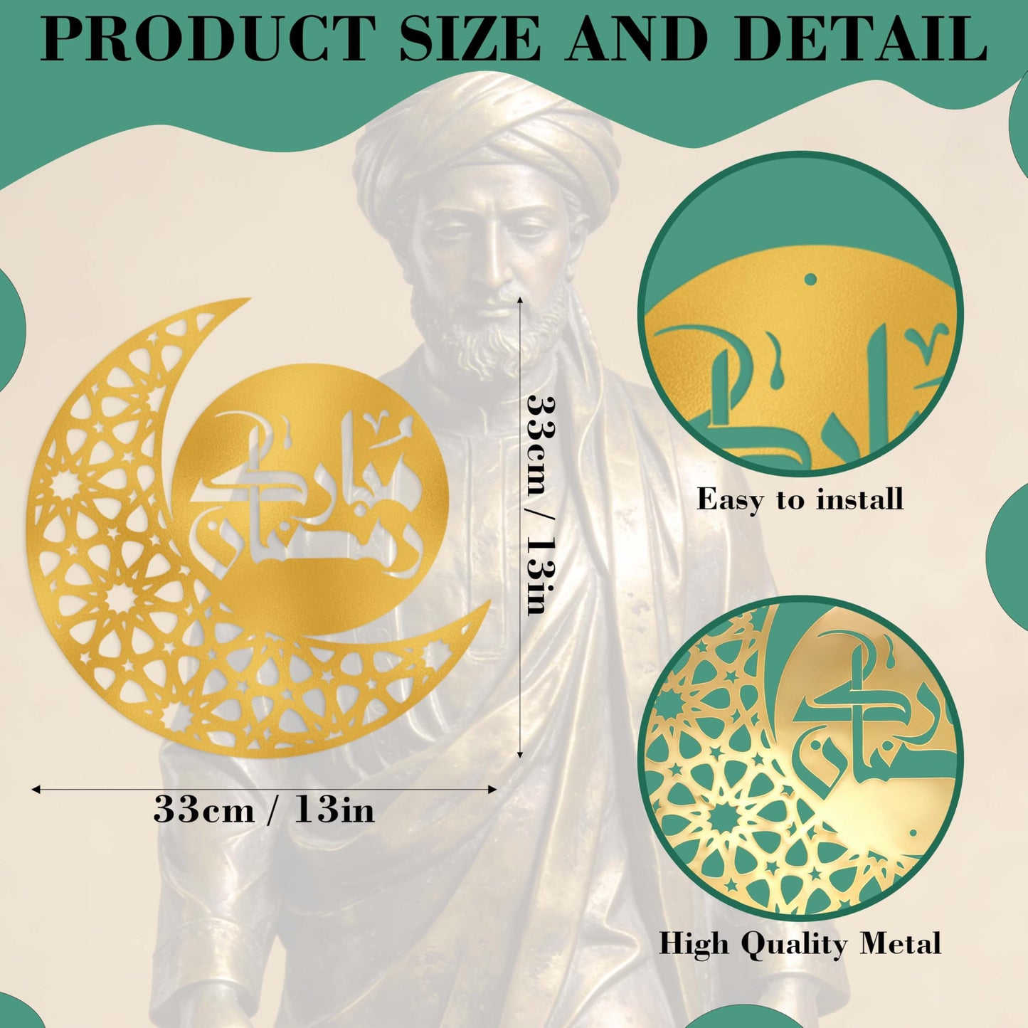 LumDecor Gold Metal Islamic Calligraphy Moon Wall Decor, Ayatul Kursi Bismillah Allah Arabic Wall Art Islamic Home Decor, Muslim Decor for Home Office Living Room Bedroom Bathroom Islamic Gifts