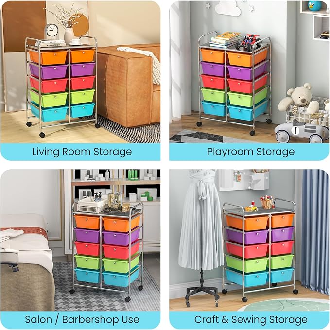 Giantex 10 Drawers Rolling Cart, Classroom Organizers, Storage Cart with Wheels, for Teacher Office Home School Supplies Tool Craft Art Paper, Rainbow Color