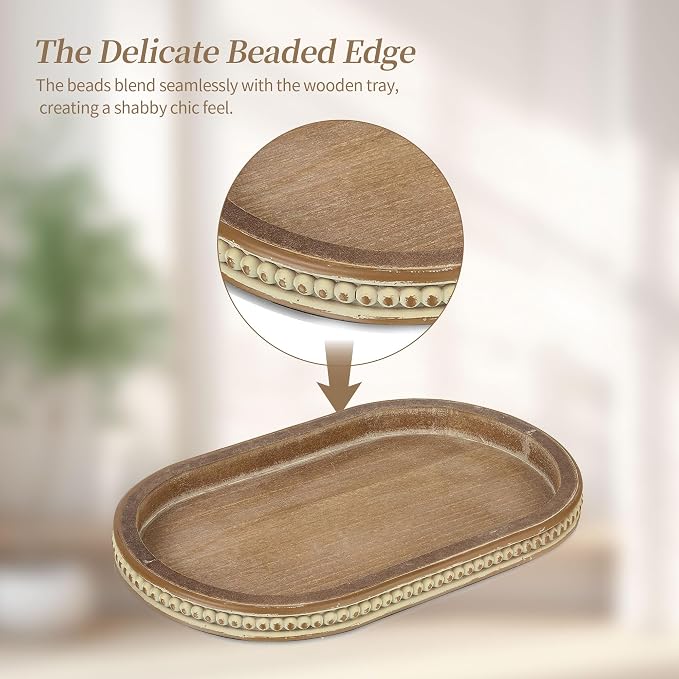 Hanobe Decorative Trays for Coffee Table : Vintage Oval Centerpiece Tray Wood for Farmhouse Dining Table Decor Round Bathroom Tray for Living Room Kitchen Counter