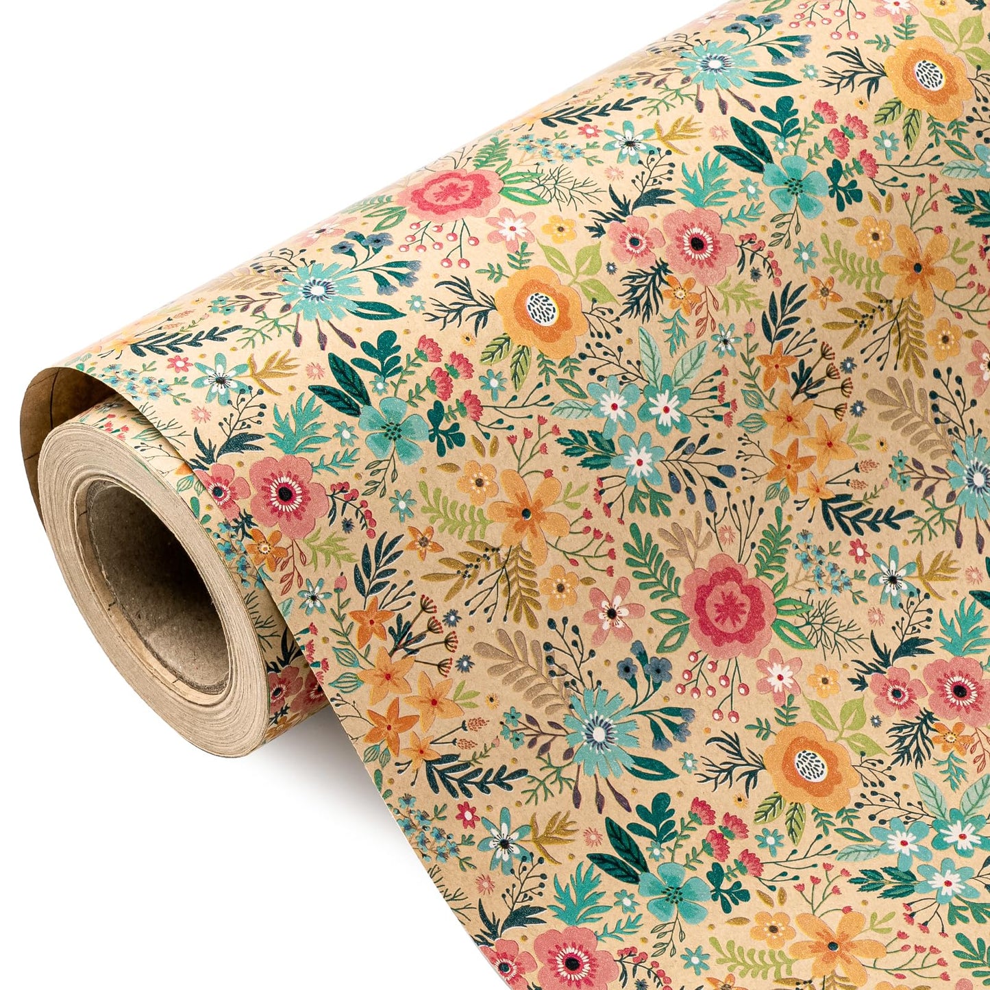 WRAPAHOLIC Kraft Floral Wrapping Paper Roll - Mini Roll - 17 Inch x 9.8 Feet - Spring Summer Garden Flower Design Perfect for Wedding, Bridal Shower, Birthday