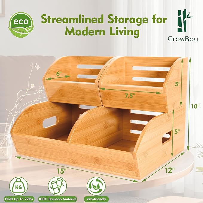 Potato and Onion Storage Bin for Pantry and Kitchen, Ventilated Stackable Bamboo Storage Bins with Handles - Multipurpose Organizers, Produce Containers for Bread, Vegetable, Fruit (Natural, 3 Pack)
