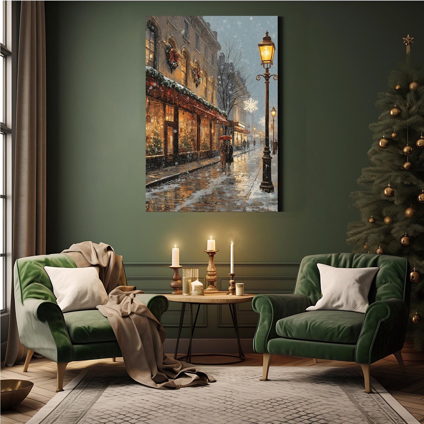vjfkskuey Romantic winter Christmasn Christmas street scene wall art snow scene holiday joint night print poster travel festive decor art