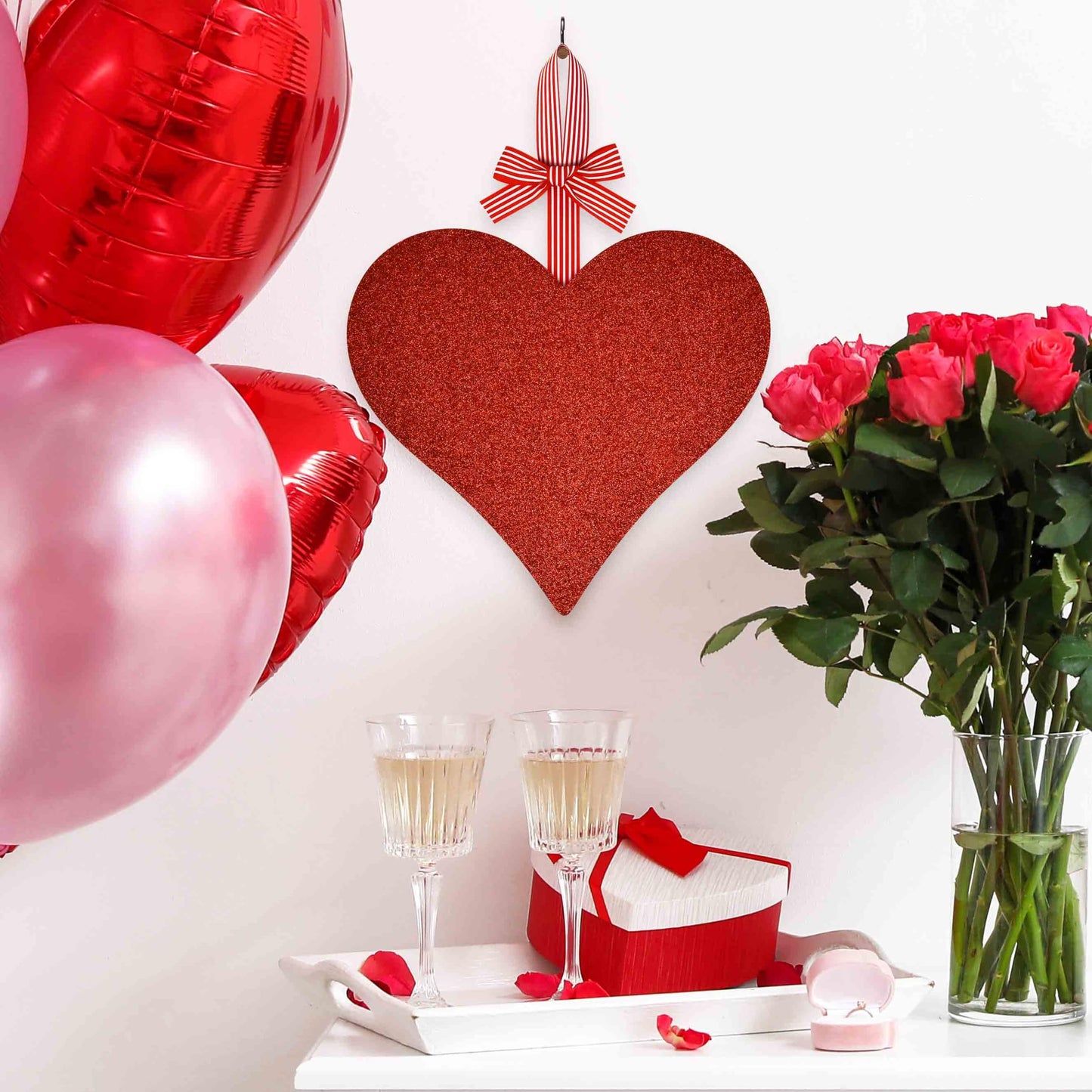 Gift Boutique Valentines Day Decoration Red Glitter Heart Shaped Wooden Hanging Sign Bow Front Door Wall Wreath Home Outdoor Love Plaque Hanger Decor