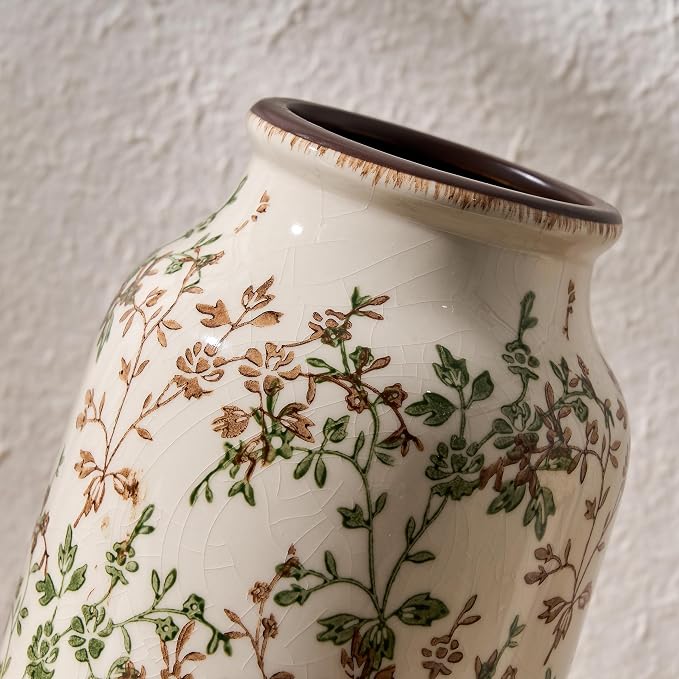 SIDUCAL Ceramic Vintage Pastoral Vase, 8.78 Inch Chinoiserie Floral Vase, Retro Ice Cracked Rustic Farmhouse Vases for Home Decor, Living Room, Bookshelf, Office, Tuscan Decor, Green and Brown Floral
