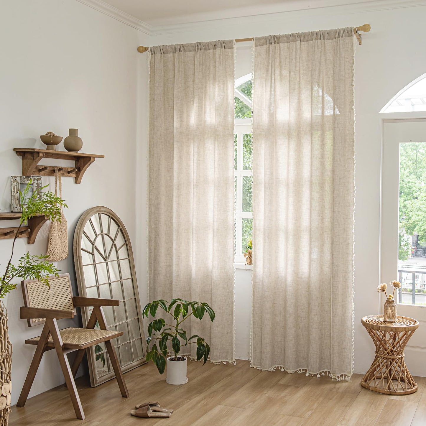 Setaback Boho Curtains for Bedroom Living Room 84 Inch 2 Panels with Tassels, Soft Linen Texture Semi Blackout Sheer Privacy Curtains Window Drapes Rod Pocket, 52" x 84", Natural, 2 Panels
