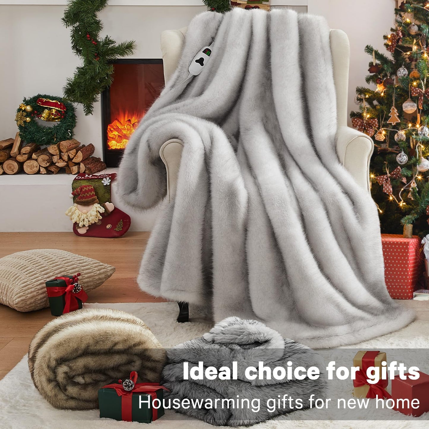 Heated Electric Blanket Throw,Octrot 50"X60" Faux Fur Heating Blanket Luxury Christmas Gifts Heavy Plush with 10 Heats Levels & 8 Hours Auto Off,Super Cozy Warm Fuzzy,Fluffy Decor Winter Warming,White