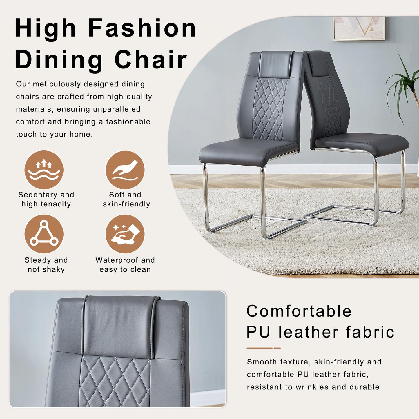 KEIKI 9-Piece Dining Table Set, 71" White Faux Marble Kitchen Table with 8 Dark Gray PU Leather Chairs, Modern Dining Room Set with Silver Metal Legs, Large Rectangular Table for Home, Restaurant
