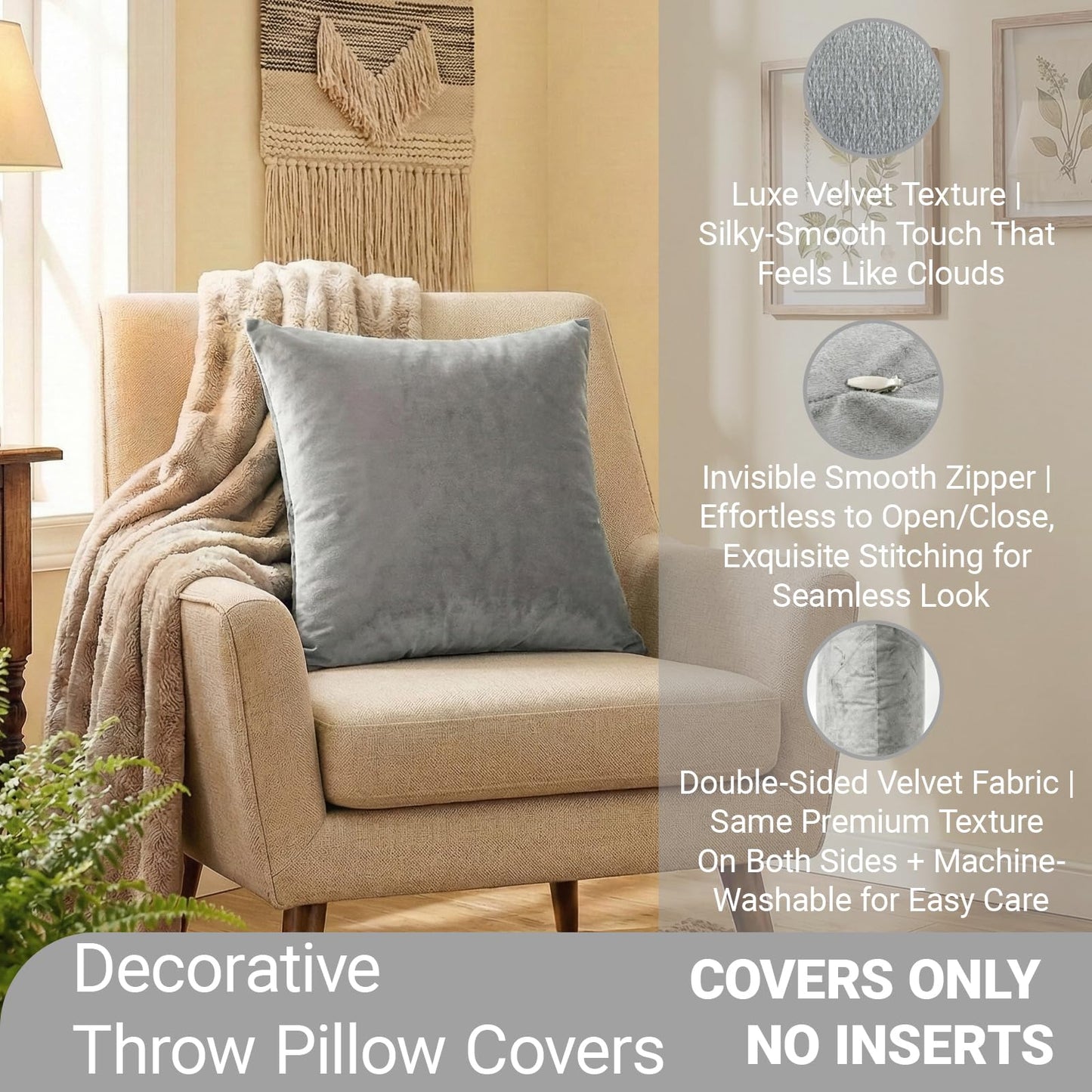 Q&J FABRIC CO. 4 Pack Velvet Decorative Throw Pillow Covers,Soft Square Cushion Case 18x18 Inch Pillow Covers for Living Room Couch Bed Sofa Outdoor Home Decor(Gold/Orange/Silver Grey/Light Coffee)