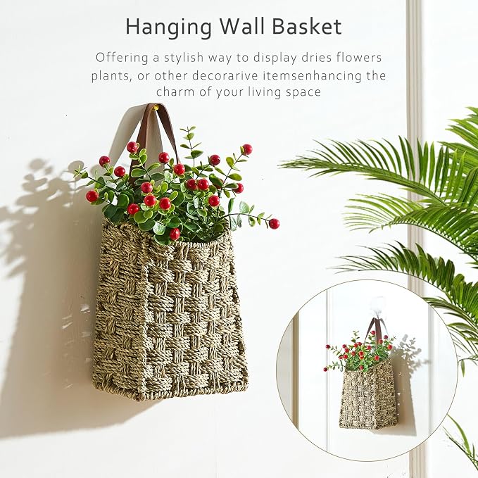 Wall Hanging Pocket Basket Portable Seagrass Storage Basket Decorative Boho Mounted Organizer Dried Flower Plants Front Door Basket for Garden Farmhouse Home