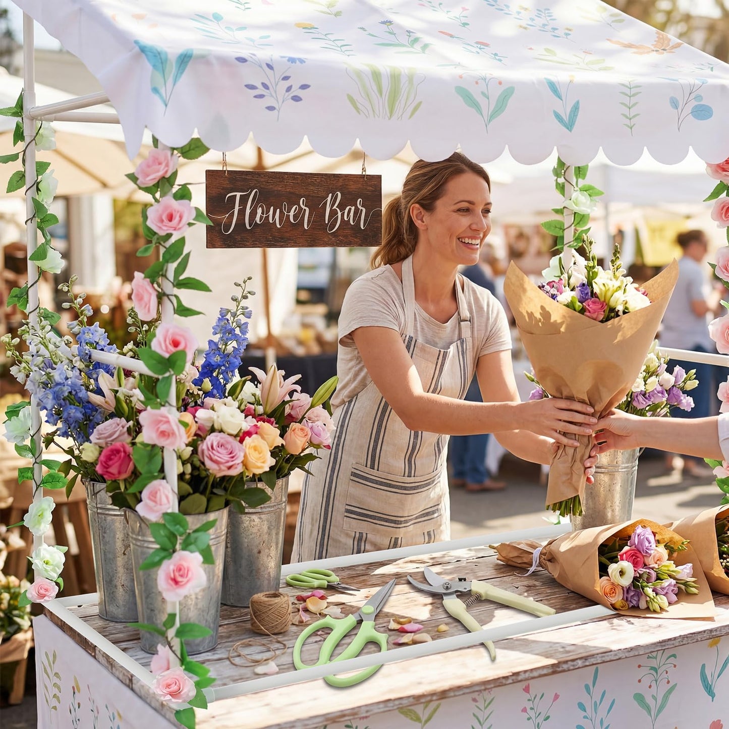 Chunm 7 Pcs Flower Bar Stand Kit Flower Display Bloom Bar with 1 Set Plastic Stand 1 Floral Sunshade Cloth 4 Rose Tinsel 1 Wood Sign for Wedding Shop Floral Party Supplies Garden