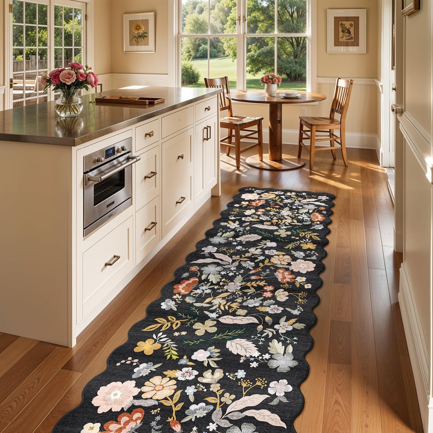 3x12ft Long Hallway Runner Rug - Non Slip Washable Floral Floor Runner for Kitchen Entryway Bathroom，Boho Low Pile Thin Rubber Backed Scalloped Carpet Runner (Black, 3x12)