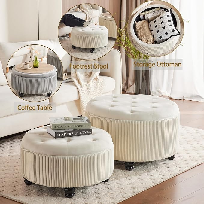 Round Ottoman with Storage Set of 2 Upholstered Velvet Vanity Stool for Living Room Storage Ottomans Multifunctional Foot Rest (Large-Off White)