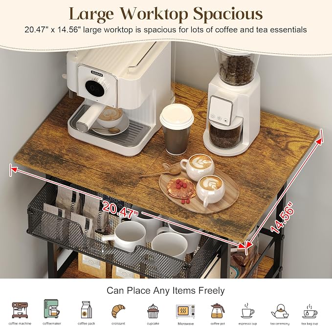 3 Tier Slim Rolling Coffee Cart with 2-Door & Pull-Out Wire Basket Drawer, Coffee Bar Cabinet on Lockable Casters, 32.7" H Microwave Cart with Storage for Home, Kitchen, Dining Room (Rustic Brown)