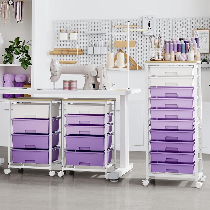 SYKIARIOL Rolling Cart with Drawers,10 Drawer Rolling Cart,Storage Cart with Wheels,Utility Cart with Drawers,Teacher Cart for Classroom Storage,Craft Cart with Wheels and Wooden Tabletop,Purple