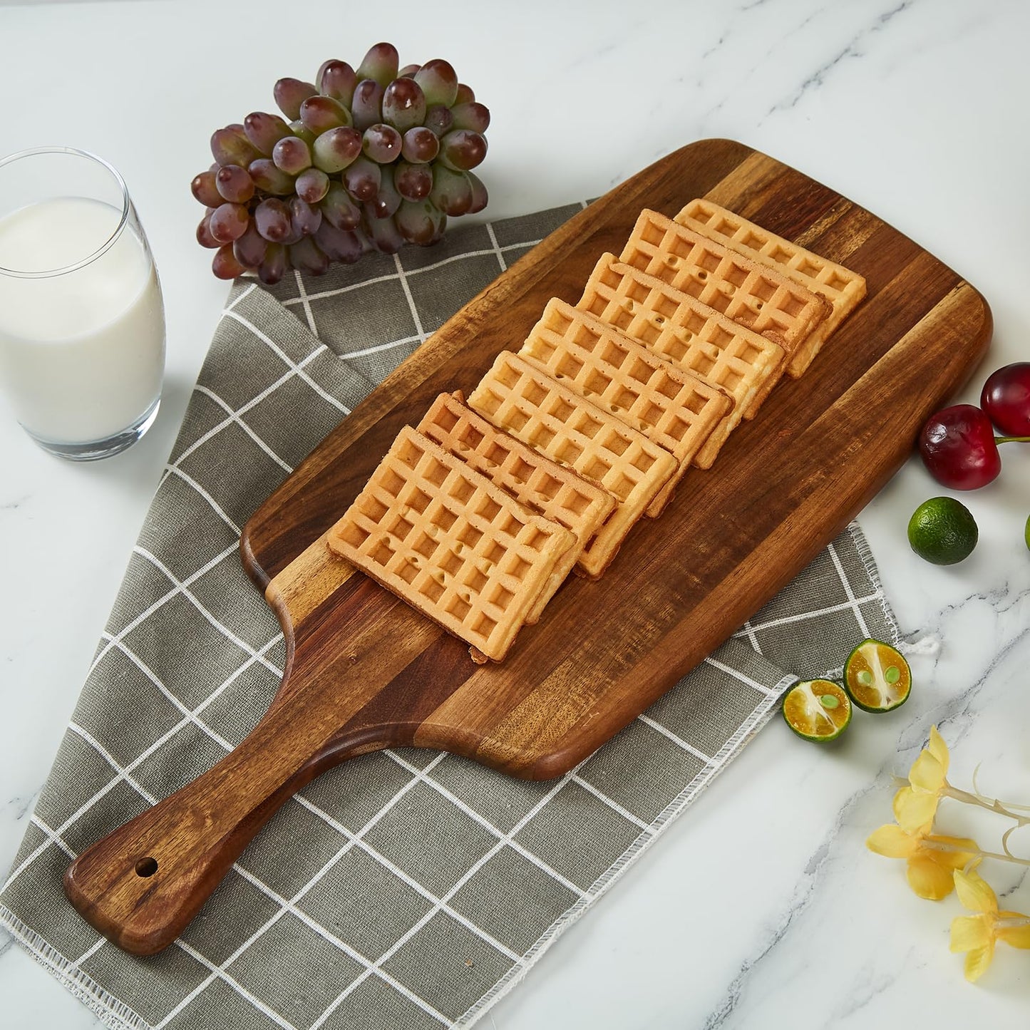 TEIBVG Acacia Wood Cutting Board and Cheese Board with Handle for Braed, Chopping Board, Meat, Fruits and Charcuterie - Decorative Wooden Serving Board for Kitchen, 17x7 Inch