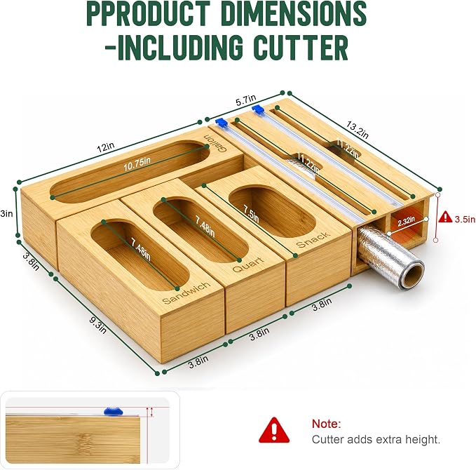 Individual Storage Bag Organizer for Kitchen Drawer, Bamboo with Foil and Plastic Wrap Organizer for Kitchen Organizers and Storage, for Gallon, Quart, Sandwich, Snack