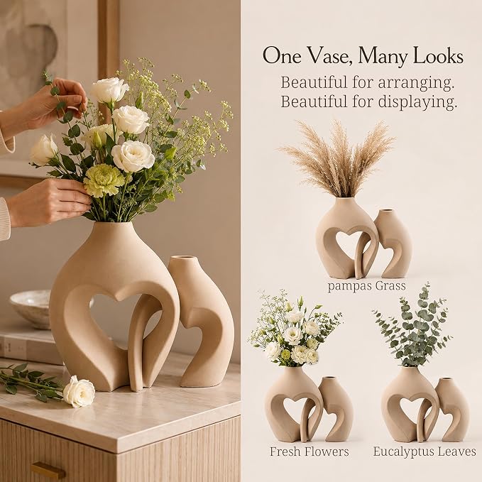 Brown Ceramic Flower Vases Home Decor Heart Shaped Vase Set of 2 Nordic Heart Shaped Vases, Minimalist Decorative Vase for Table Centerpiece Wedding Dining Living Room Office House Decoration