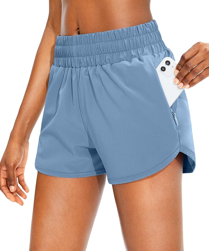 SANTINY Women's Running Shorts with Zip Pockets High Waisted Athletic Workout Gym Shorts for Women with Liner