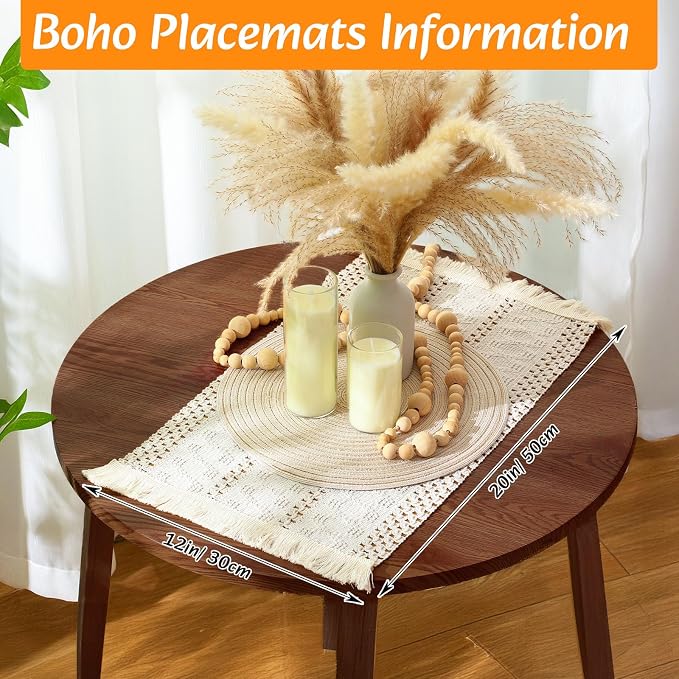 12 Sets Boho Decoration Placemats Round Woven Placemats, Cloth Napkins, Wood Bead Napkin Rings, Long Table Runner and Farmhouse Burlap Cotton for Table Kitchen (White,12x72)