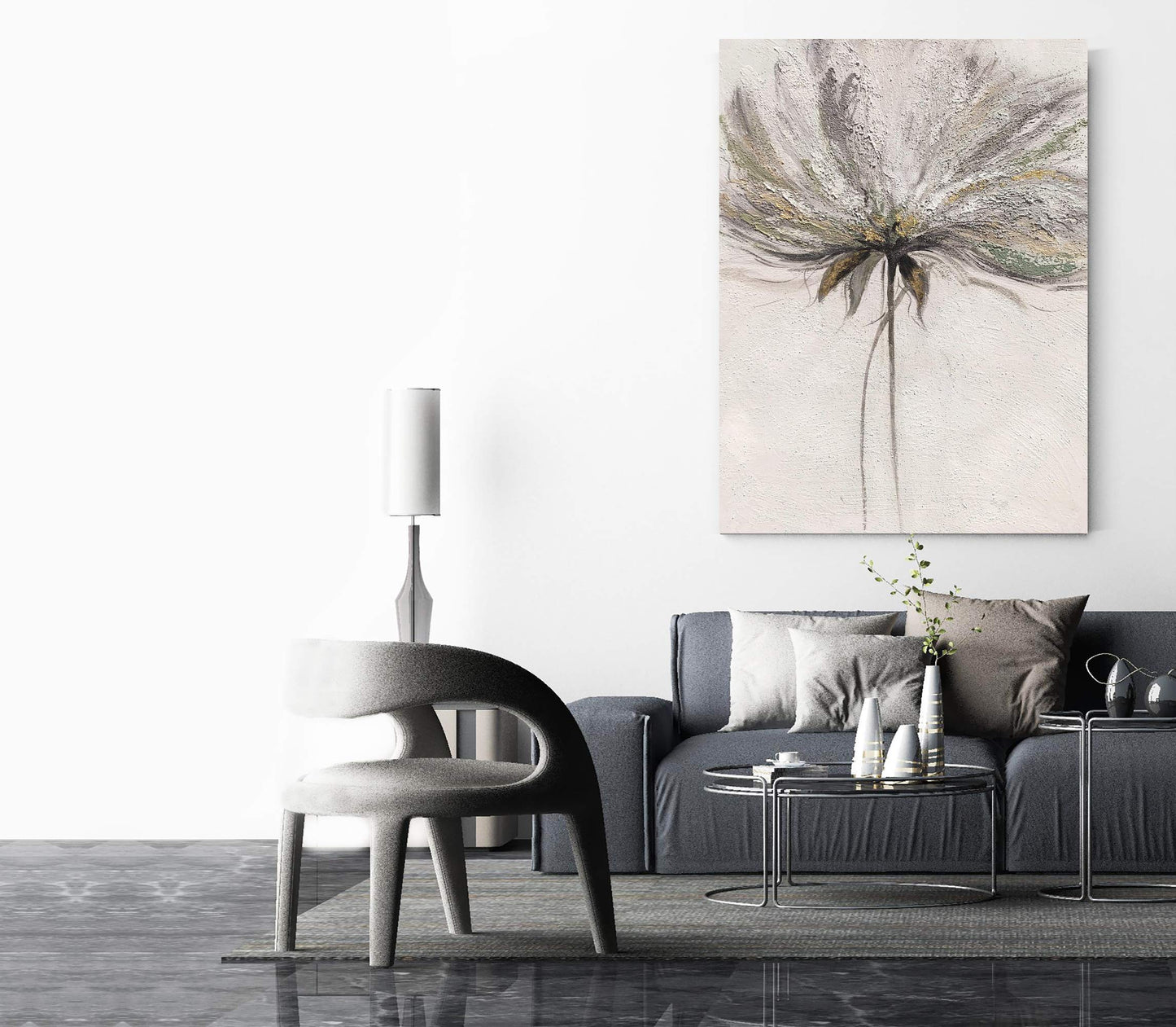 Yihui Arts Hand Painted Abstract Floral Wall Art Pictures Grey White Gold Foil Painting Sand Artwork For Bedroom Decoration