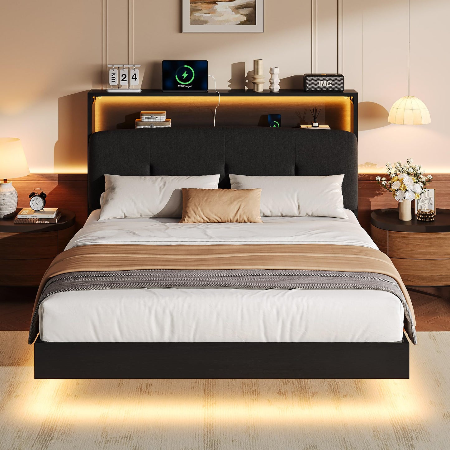 Einhomn Floating Bed Frame Full with 2-Tier Storage Linen Fabric Upholstered Headboard, Wooden Platform Bed Frame w/Charging Station & LED Lights, Metal Slats Support, No Box Spring Needed, Black