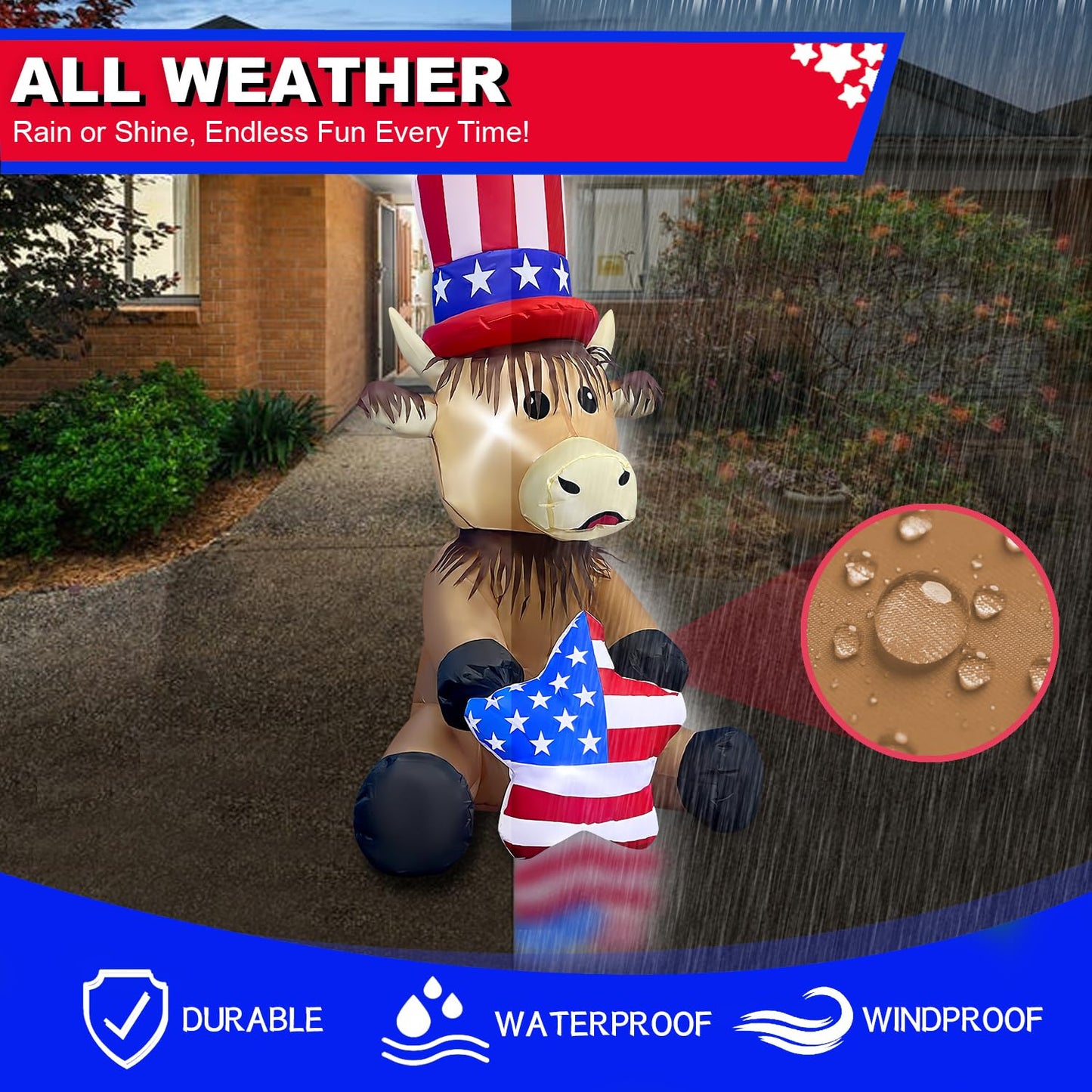 4FT Patriotic Independence Day 4th of July Inflatable Highland Cow Holding America Heart LED Lighted Blow Up Decoration Decor Home Yard Outdoor Indoor Decoration