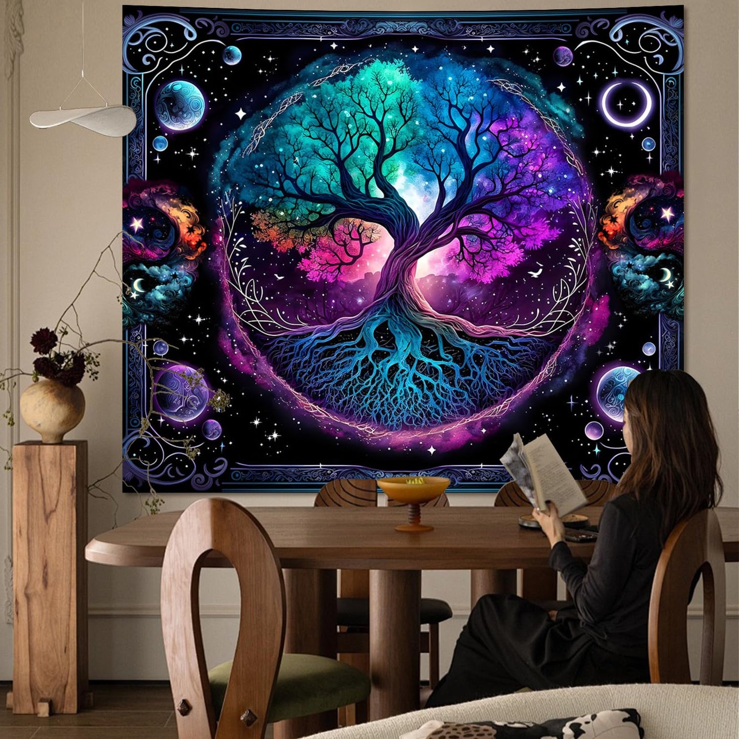 TVTLTVT Tree of Life Tapestry Sun Moon Stars Wall Hanging Boho Mandala Spiritual Wall Art Aesthetic Galaxy Wall Tapestry Nature Plant Decoration for Home Decor Bedroom Living Room Dorm Decor 59x51in