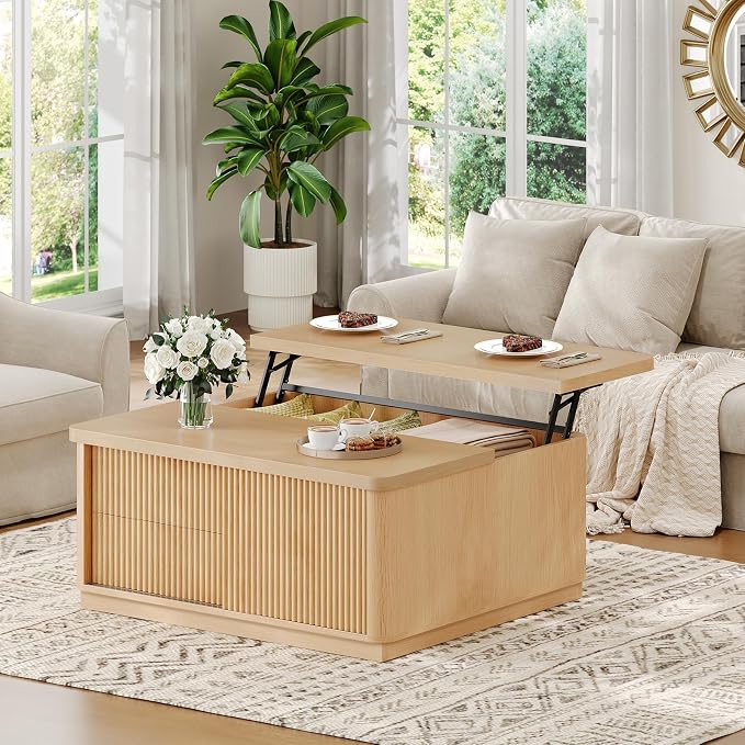 Itaar 39.4'' Lift Top Coffee Table with Storage, Fluted Coffee Tables for Living Room, Square Coffee Table with Large Hidden Compartment & 2 Drawrs & Adjustables Shelves, Oak