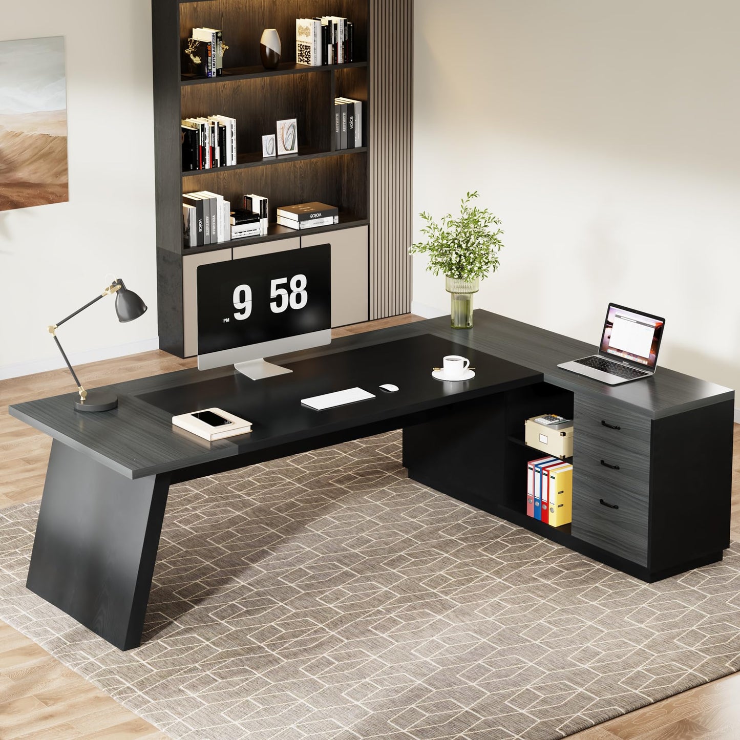 Tribesigns 78" L-Shaped Executive Desk, Large Modern Office Desk with Drawers and Lateral File Cabinet, Business Furniture with Storage Shelves, Big Computer Desk for Home Office (Grey + Blcak)