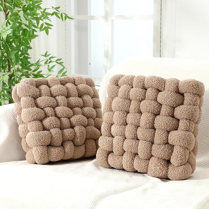 Wenqik 2 Pcs Knot Pillows Square Knotted Plush Throws Soft Accent Pillows Decoration Cushion for Couch Home Office Living Room Bedroom Bed Sofa Decor, 12'' x 13''(Khaki,Lambswool)