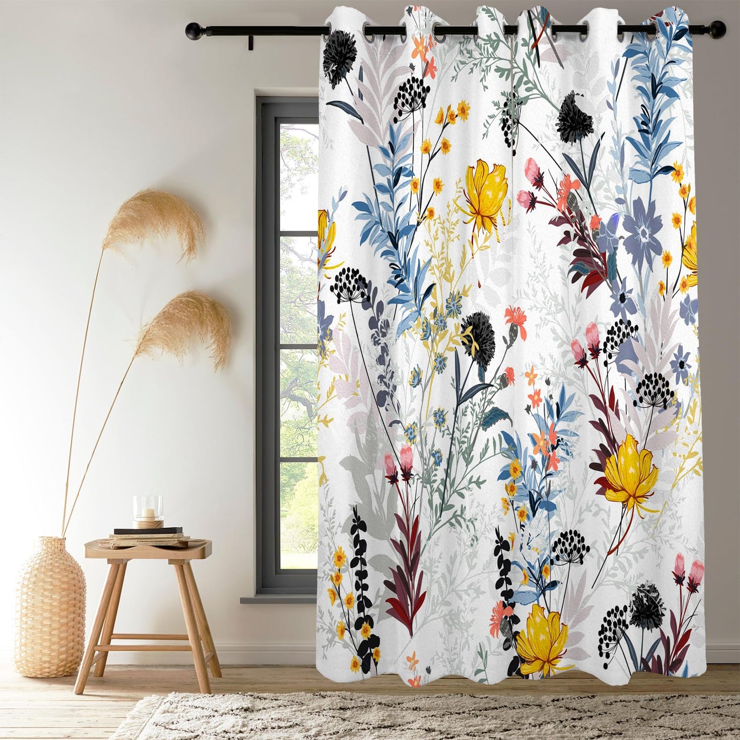 Renaiss Botanical Plants Blackout Curtains, Wild Flowers Plants Print Thermal Insulated Bedroom Window Curtains, Boho Floral Window Drapes for Living Room, 84" L x 42" W 2 Panel Set