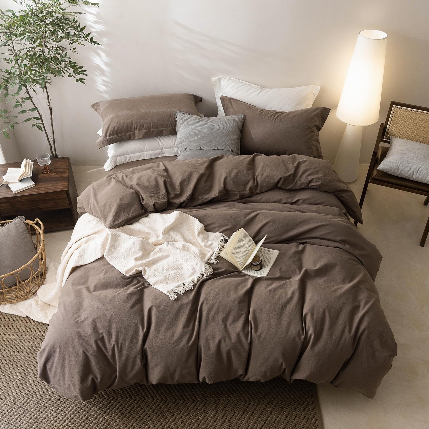 BDEAR 3 Pieces Light Chocolate Brown Duvet Cover Set Queen Size 90'' L x 90'' W, 100% Washed Cotton Duvet Cover with Zipper Closure Plus 2 Pillowcases, Oeko TEX Standard Certificated