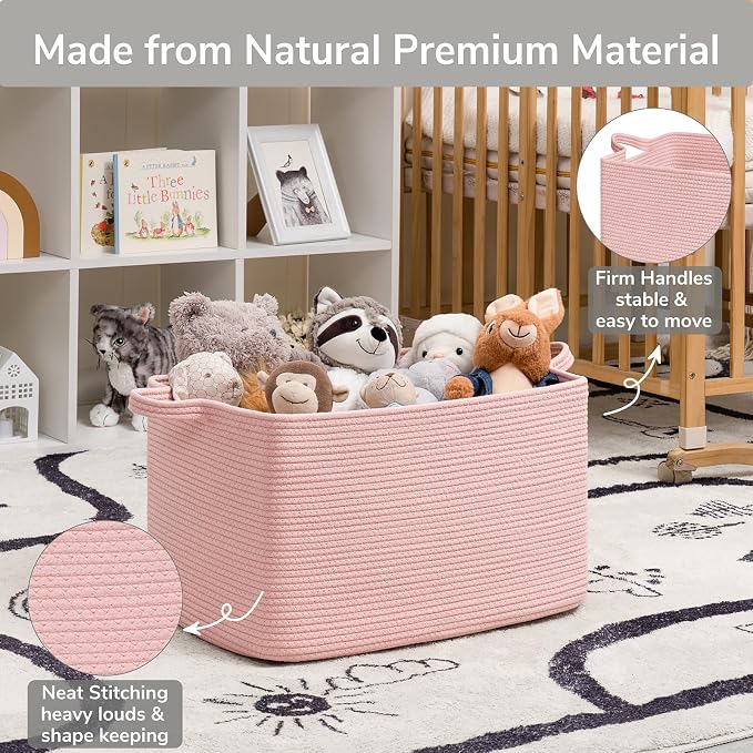Goodpick Large Blanket Basket, Woven Baskets for Storage, Large Baskets for Organizing, Rectangle Toy Basket for Nursery, Bedroom, 21.6" x 14.9" x 11.8", Pink