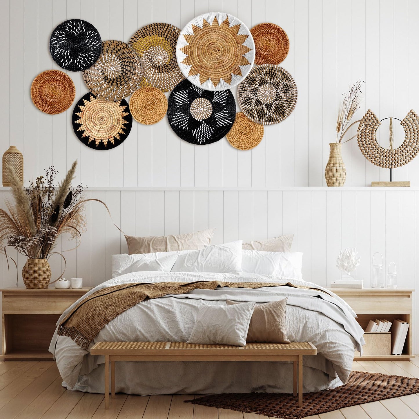 11 Pcs Boho Hanging Wall Basket Decor Handmade Woven Basket Wall Decorative Boho Wicker Baskets Placemats Round Farmhouse Bulrush Art for Rustic Home Decorations Christmas Gift(Stylish)