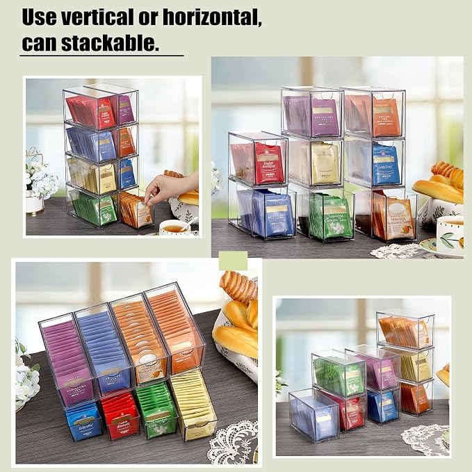 ELLDOO 8 Drawers Tea Bag Organizer, Clear Acrylic Stackable Tea Bag Storage Holder for Kitchen Pantry, Coffee Pod Snack Storage for Countertop Cabinet