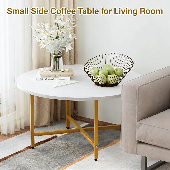 FAMIDGE Coffee Table, 23.6" Coffee Tables for Living Room, Round Coffee Table with Metal Frame, Floor Table for Sitting on The Floor, Home, Office, White & Gold Legs